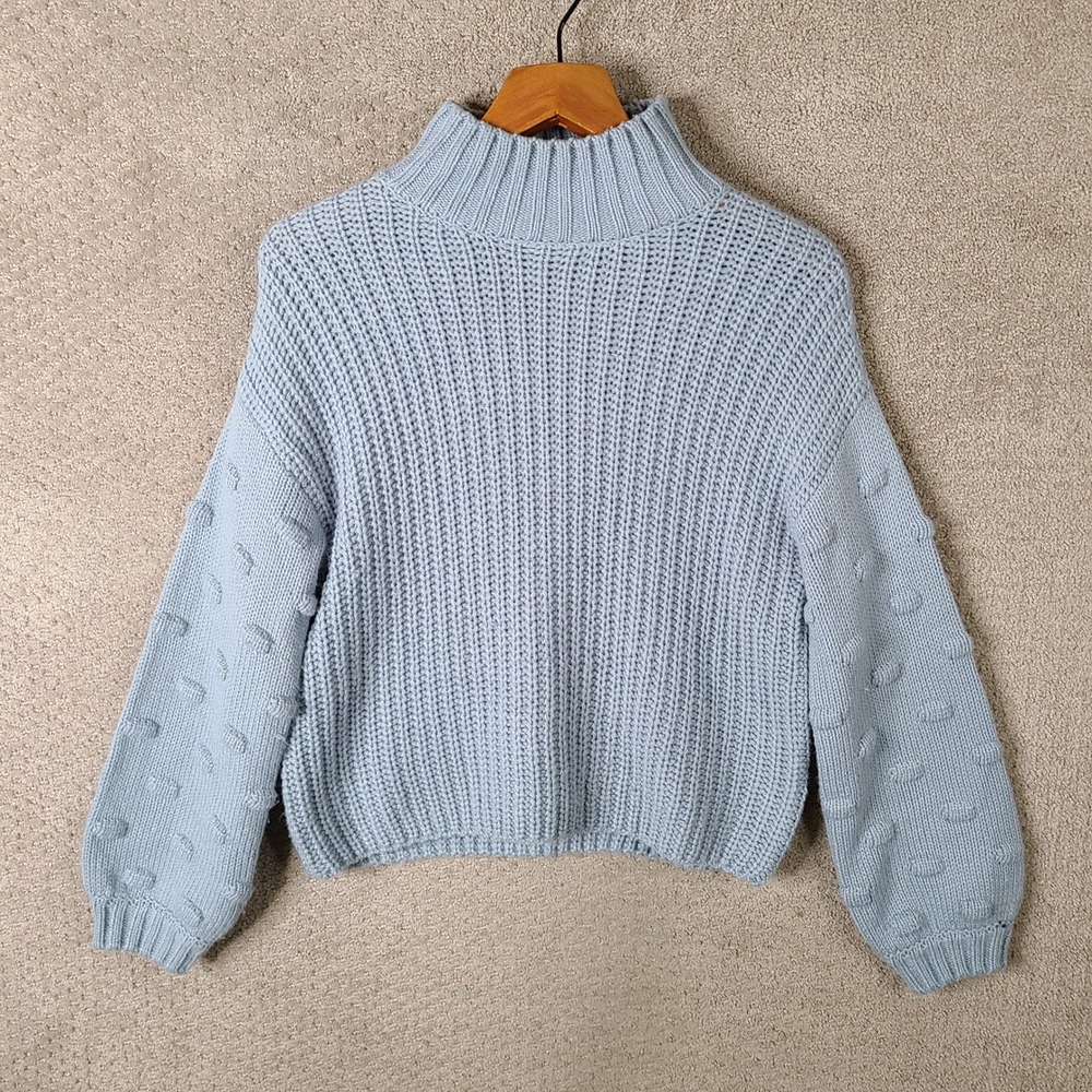Moon & Madison Sweater‎ Womens XS Blue Cropped Cable Knit Mock Neck Acrylic